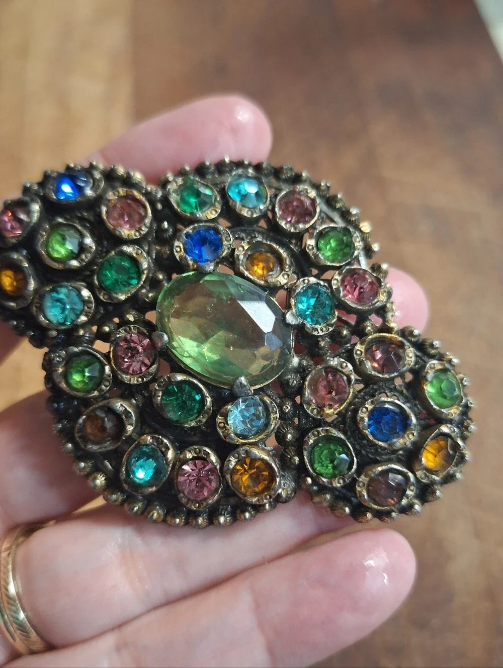 ART DECO Style BROOCH Vintage Colorful Filigree 3 x 2 inches Victorian Heirloom